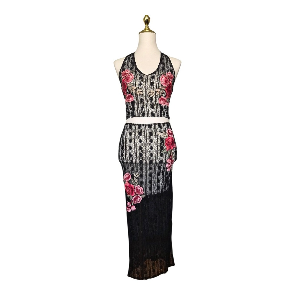 Deco Style‎ Black Lace 2 Piece Set Embroidered Floral Crop Top Maxi Skirt Small